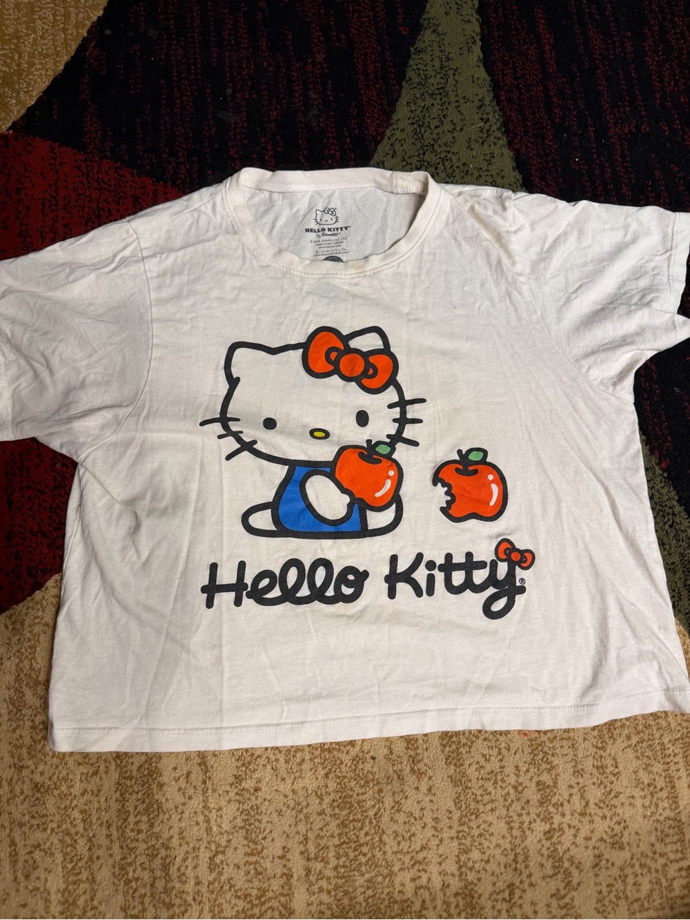 Hello Kitty White Tee with Red Bow and Orange Apple Graphic